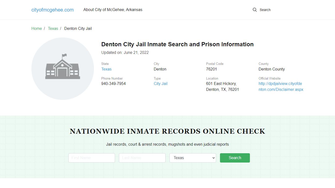Denton City Jail Inmate Search and Prison Information - McGehee, Arkansas